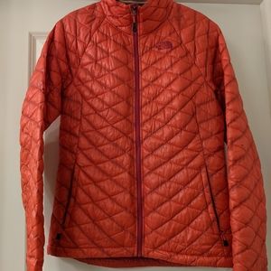 North Face, Thermoball, small, coral color with hot pink lining and stitching.